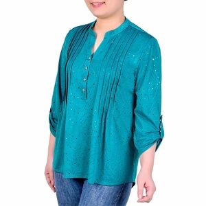 NY Collection Emerald Green Sparkle 3/4 Sleeve Pintucked Yoke Blouse Size 3X